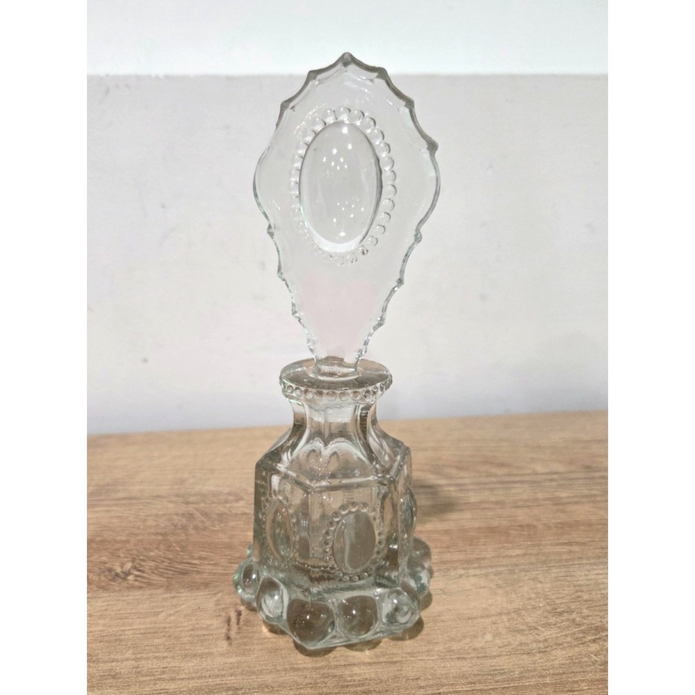 Vintage LE Smith Pressed Glass Perfume Bottle & Stopper Beaded Medallion 7"